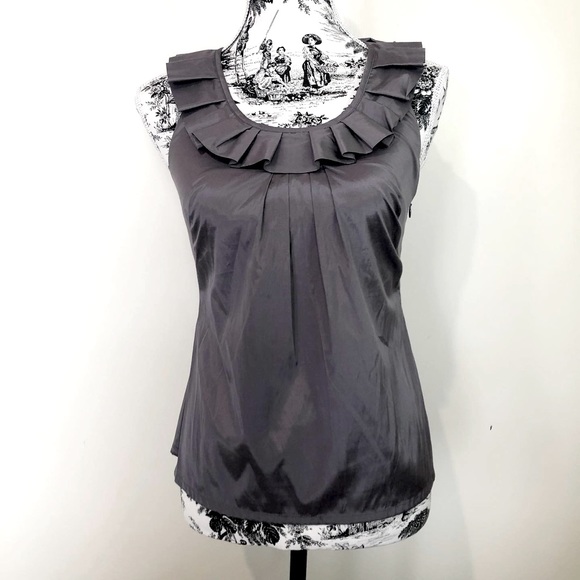 CUE Metallic Frill Tank Top Steel Grey Sleeveless Scoop Neck Ruffle Pleat Size 6 - Picture 3 of 15